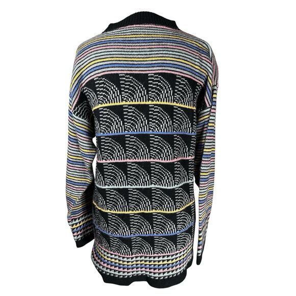 Vintage 80s Black Knit Geometric Pastel Rainbow Tunic Sweater Sz M - Picture 3 of 5
